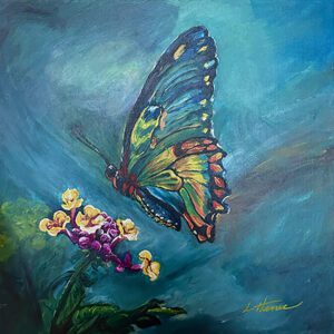 Original painting of butterfly in the dark blue sky hovering over a bright yellow and purple flower