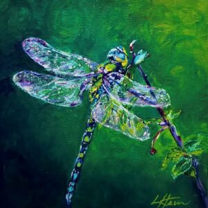 Painting of dragonfly with a green blue background